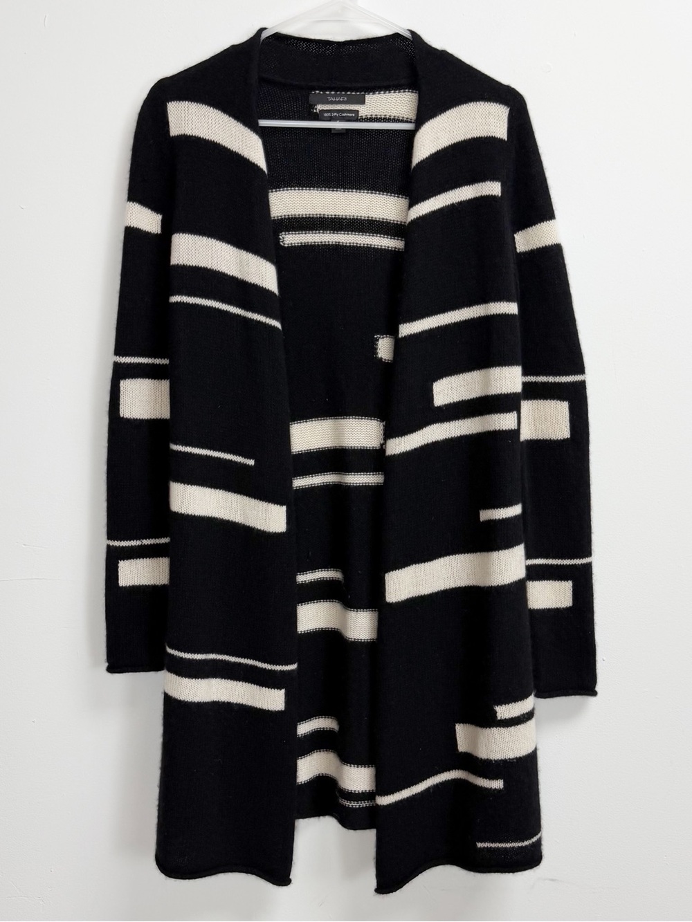 Tahari Sweater Womens Small Black White Open Front 100% Cashmere Cardigan Knit